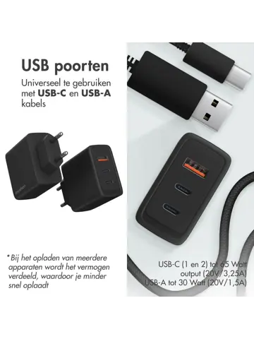 65W Wall Charger 2x USB-C 1x USB-A