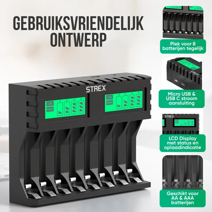 Batterijoplader USB - 8x AA/AAA