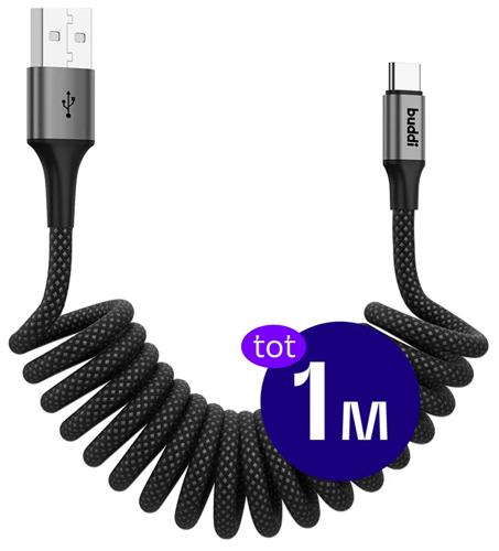 Flex USB-A naar USB-C Krulsnoer 1M Zwart