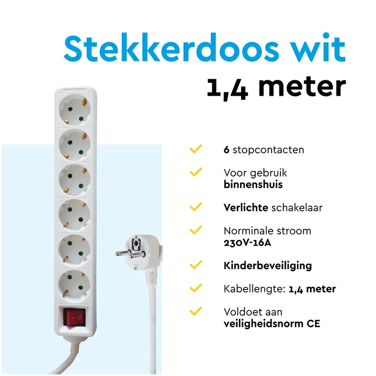 Stekkerdoos 6‑voudig met schakelaar – 1,4 m