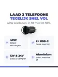 40W Autolader 2 USB-C - Oplader Auto 12/24V