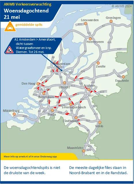Verkeersverwachting woensdagochtend 21 mei: Een gemiddelde spits. Meeste files in de Randstad en Noord-Brabant.