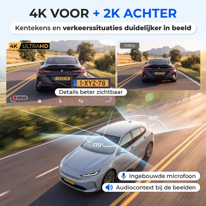 Dashcam 4K + 2K Voor & Achter - WiFi GPS - 64GB