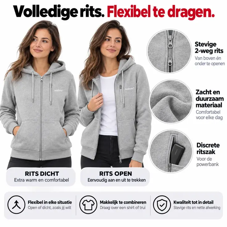 Infrarood Verwarmde Zipper Hoodie – Dames  Grijs