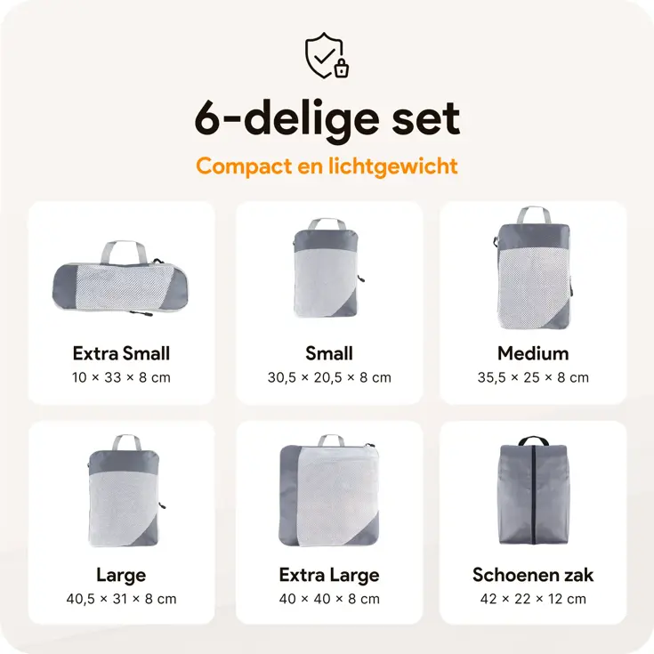 Packing cubes compressie set – 6-delig – Grijs
