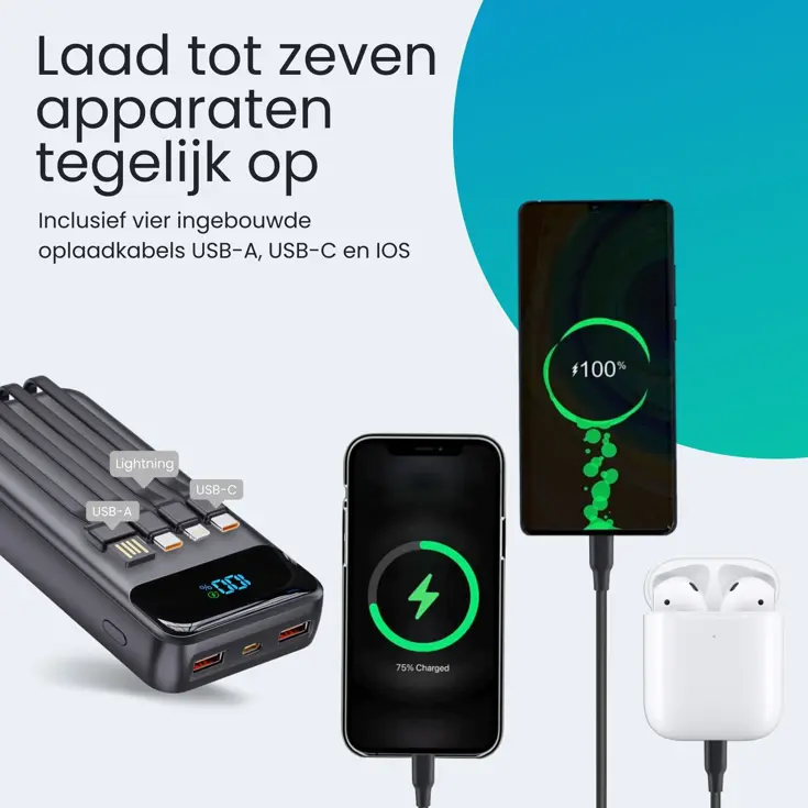 Powerbank - 30.000mAh - 4 Geïntegreerde Kabels