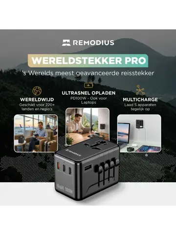 Remodius Wereldstekker PRO + UniCharge Oplaadkabel