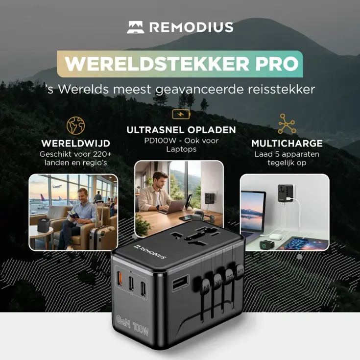Remodius Wereldstekker PRO + 2× UniCharge Kabel