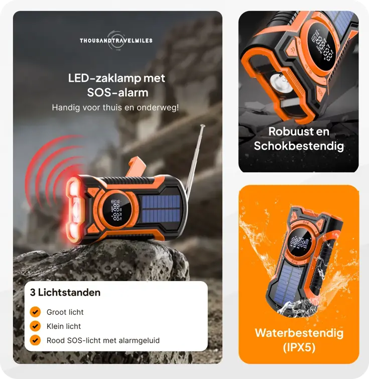 Noodradio met solar dynamo Bluetooth en powerbank