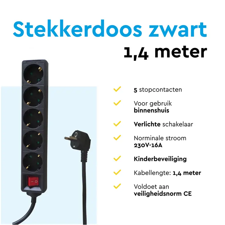 Stekkerdoos 5‑voudig met schakelaar – 1,4 m