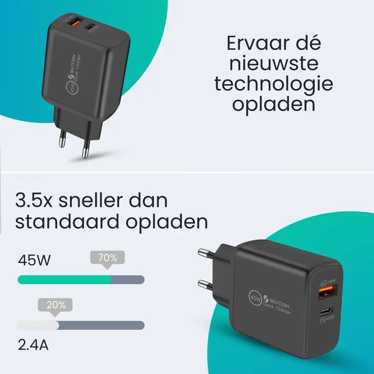 USB-C Snellader - 45W + USB-A 18W - 2m