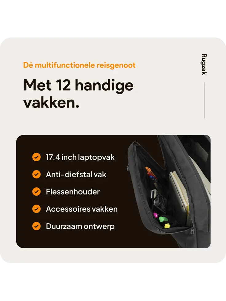 Rugzak met 17" laptopvak en antidiefstal vak