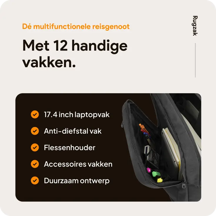 Rugzak met 17" laptopvak en antidiefstal vak