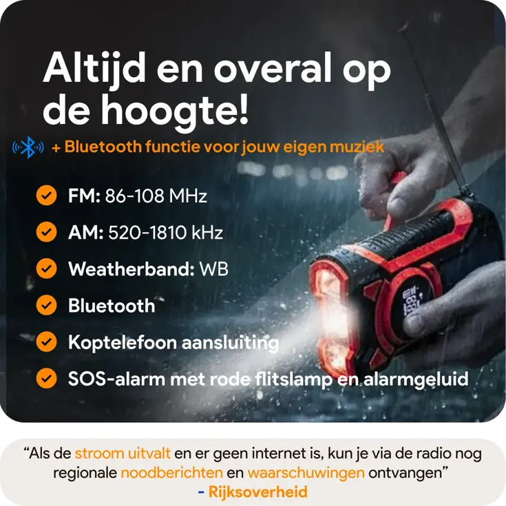 Noodradio met solar dynamo Bluetooth en powerbank