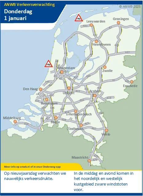 Op nieuwjaarsdag verwachten we nauwelijks verkeersdrukte. In de middag en avond komen in het noordelijk en westelijk kustgebied zware windstoten voor.