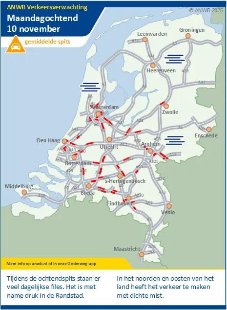 Maandagochtend een gemiddelde spits. In het noorden en oosten kans op mist.