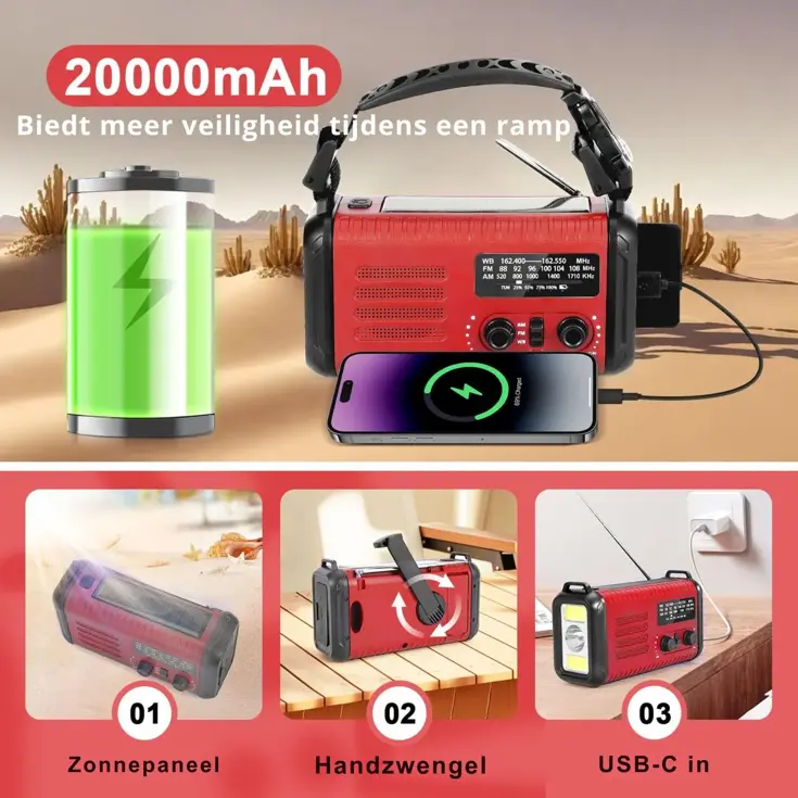 NoodRadio Solar Opwindbaar - FM/AM - 20.000mAh