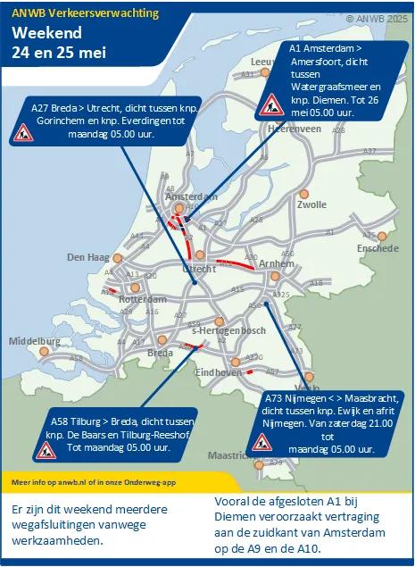 Verkeersverwachting weekend 24 - 25 mei: Verschillende wegafsluitingen kunnen dit weekend vertraging geven.