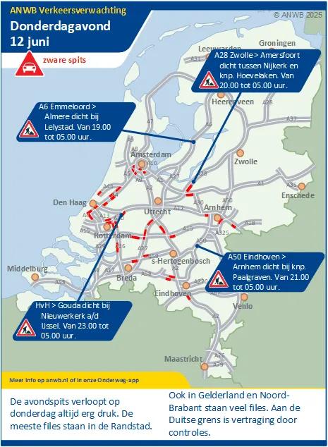 Verkeersverwachting: Donderdagmiddag / -avond 12  juni een drukke spits. Meeste files in de Randstad, Gelderland en Noord-Brabant.