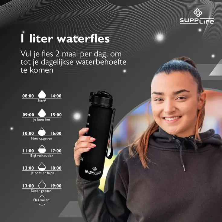 Supplife Motivatie Waterfles - Zwart - 1L