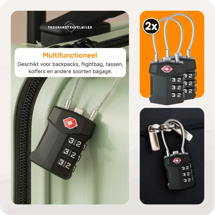 TSA slot met staalkabel voor bagage – 2 stuks