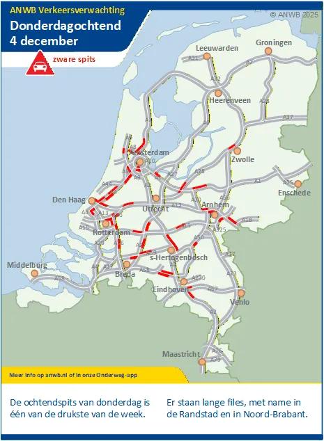 Donderdagochtend een zware/drukke spits. Met name in de Randstad en in Noord-Brabant lange files.