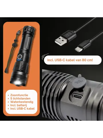Zaklamp LED 3000 lumen oplaadbaar met USB-C