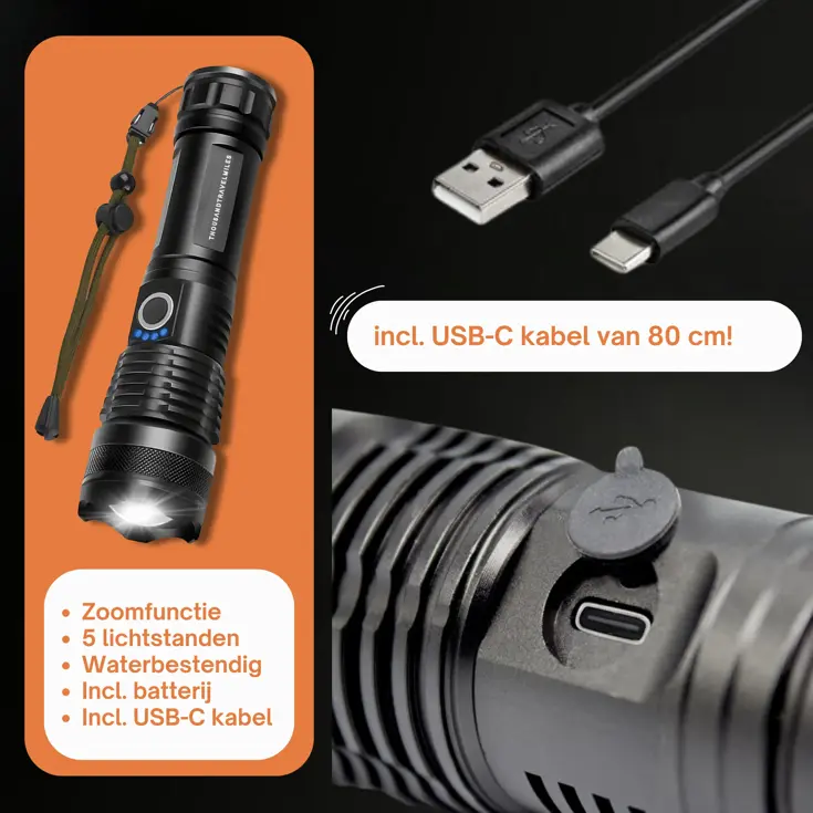 Zaklamp LED 3000 lumen oplaadbaar met USB-C
