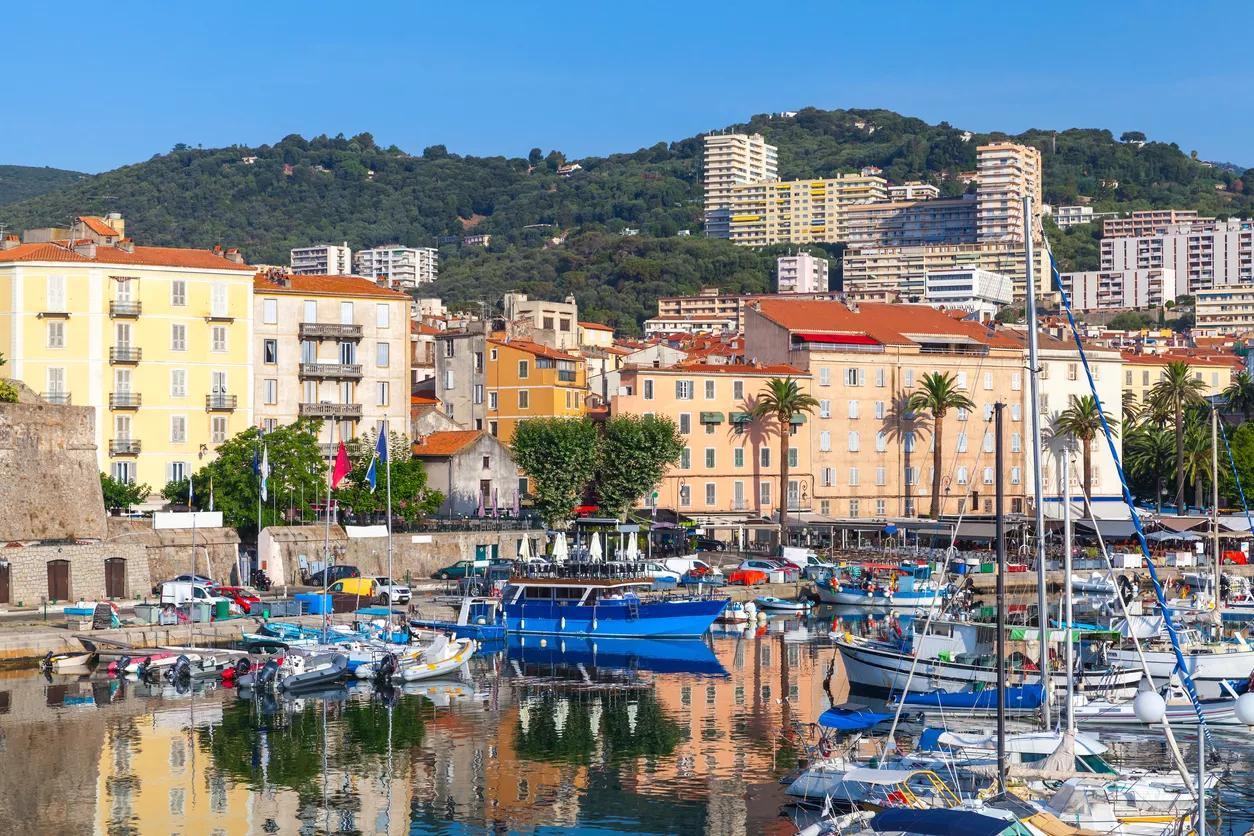 Moored yachts and pleasure boats in old port of Ajaccio, South Corsica, France