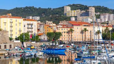 Moored yachts and pleasure boats in old port of Ajaccio, South Corsica, France