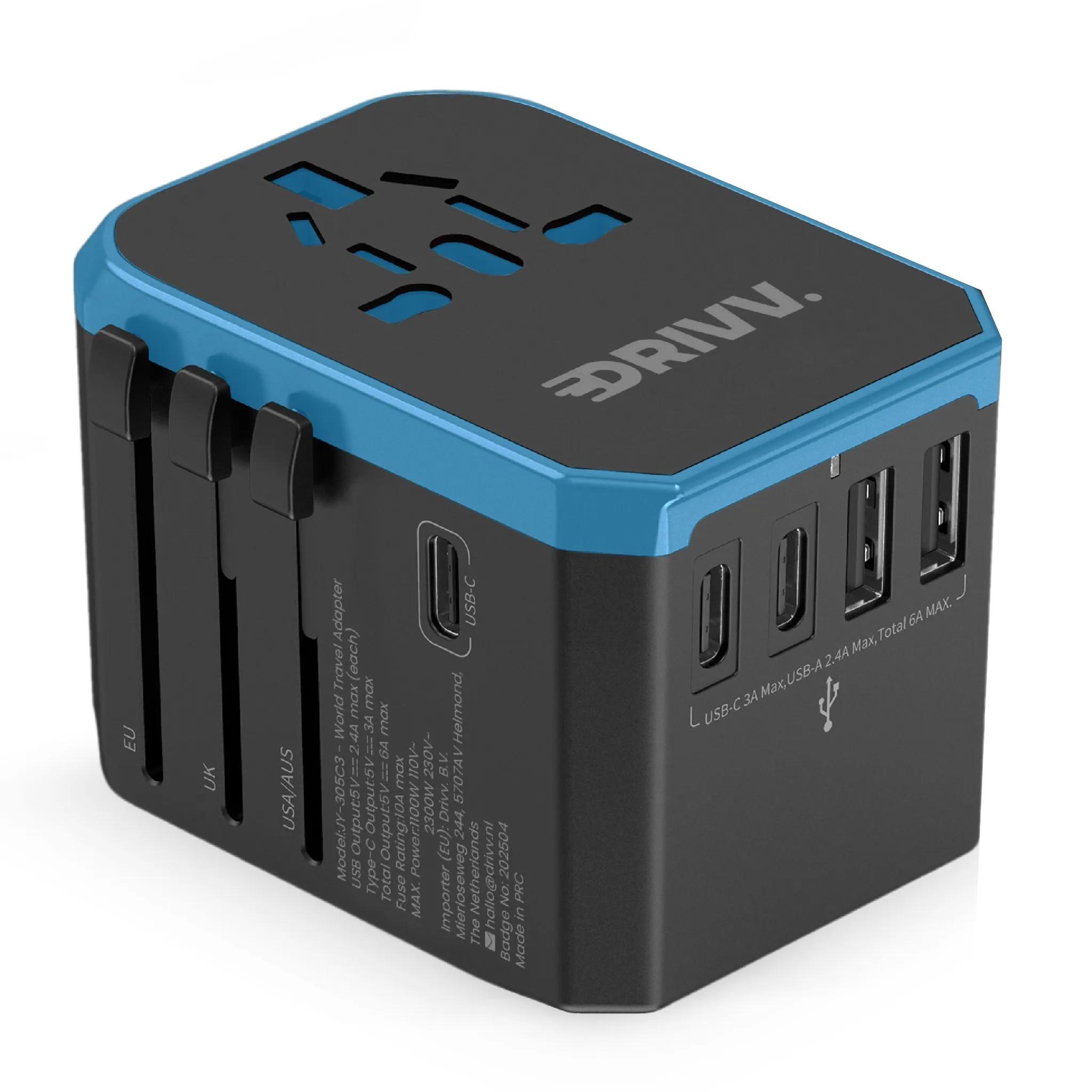 Drivv.  Universele Wereldstekker  USB C  Blauw-Zwart