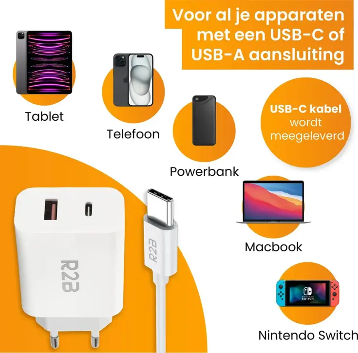 USB-C Kabel 2m met USB-A & USB-C Adapter