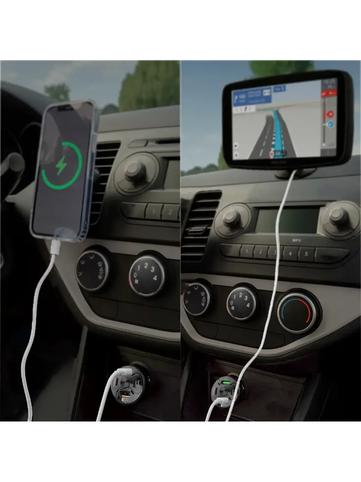 Autolader USB C & USB A, Snellader, Zwart
