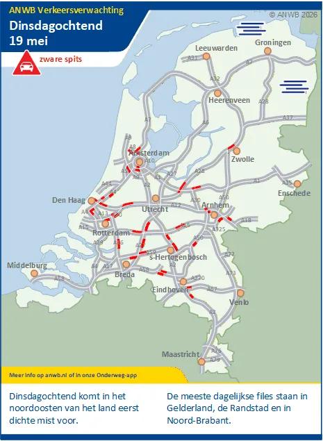 Dinsdagochtend een zware spits met in het noordoosten van het land dichte mist. De meeste dagelijkse files staan in Gelderland, de Randstad en in Noord-Brabant