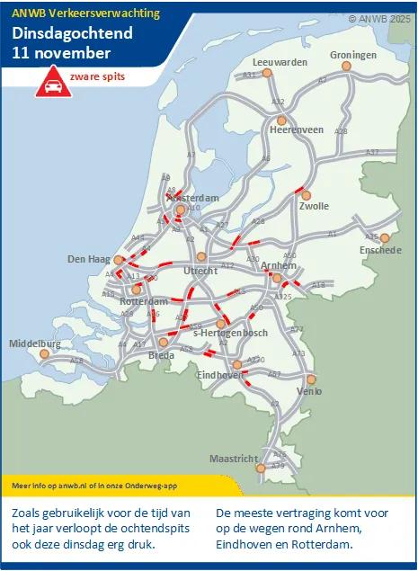 Dinsdagochtend een drukke, zware spits. Meeste vertraging rond Arnhem. Eindhoven en Rotterdam.