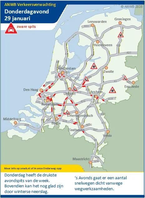 Donderdagmiddag/-avond een drukke, zware spits. Plaatselijk glad door winterse neerslag.