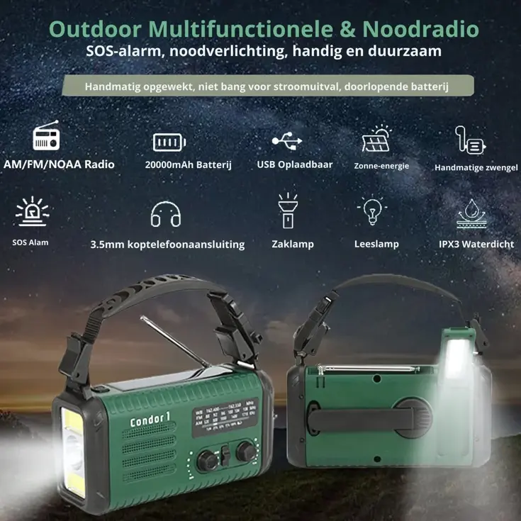 NoodRadio Solar Opwindbaar - FM/AM - 20.000mAh