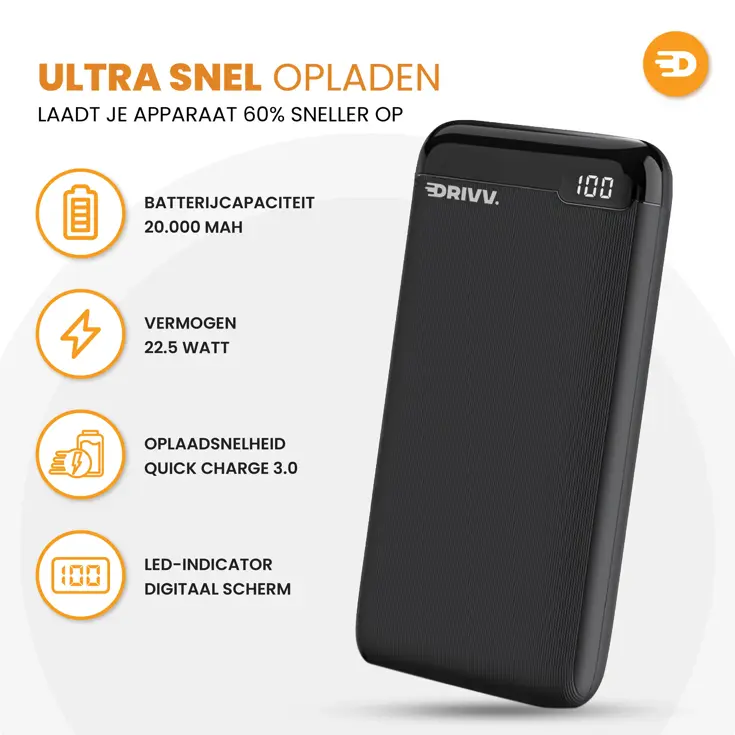Powerbank 20000 mAh - LED Display - 22.5W QC