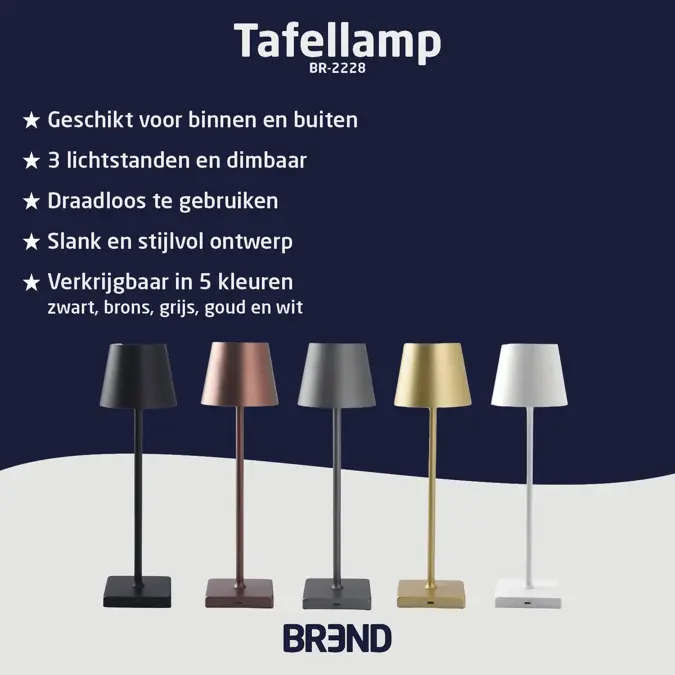 BREND Draadloze Tafellamp - Dimbaar