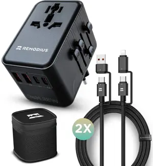 Remodius Wereldstekker + 2× Universele Oplaadkabel