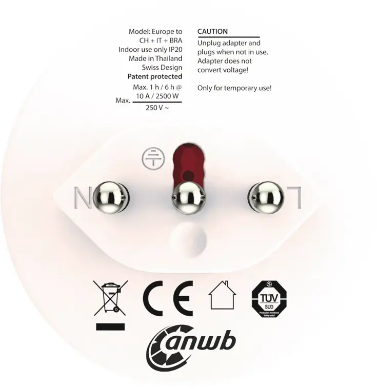 Adapter Zwitserland/Italië/Brazilië - ANWB 