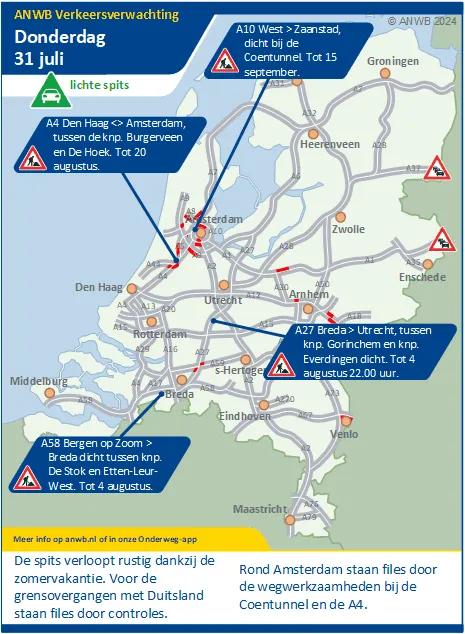 Verkeersverwachting donderdag 31 juli: Door de zomervakantie een rustige spits. Vertraging mogelijk door werkzaamheden en grenscontroles.