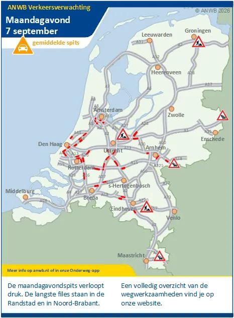 Maandagavond verloopt de spits druk. De langste files in de Randstad en Noord-Brabant.