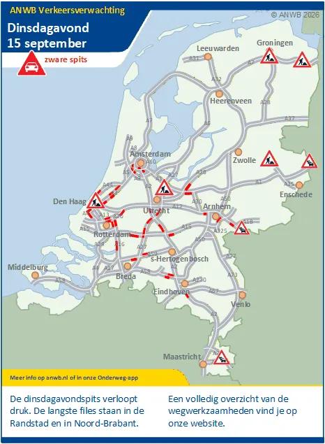 De dinsdagavondspits verloopt druk. De langste files staan in de Randstad en in Noord-Brabant.