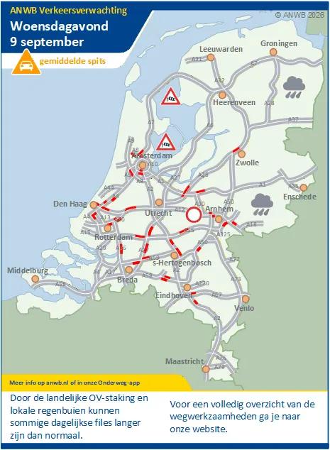 Woensdagavond op sommige plekken langere files door landelijke OV-staking en lokale regenbuien.