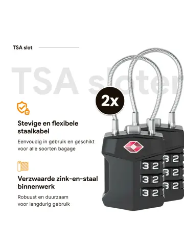 TSA slot met staalkabel voor bagage – 2 stuks