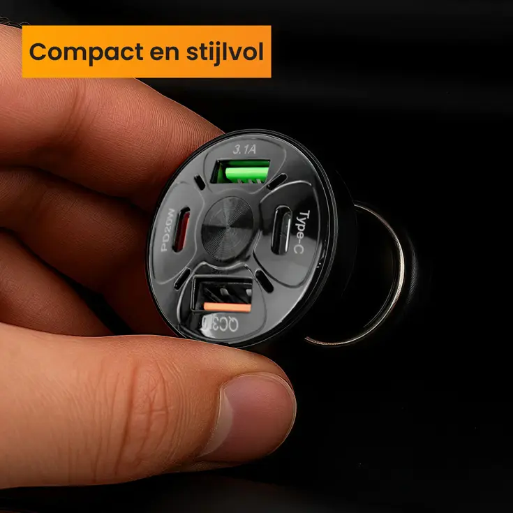 Autolader USB C & USB A, Snellader, Zwart