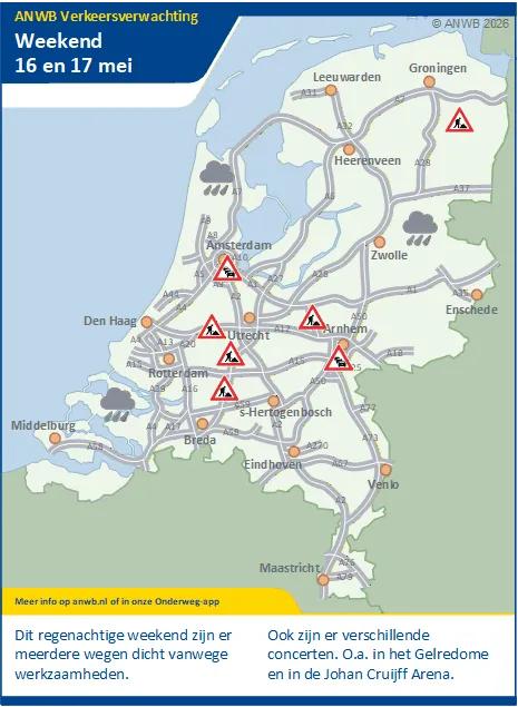 Tijdens het weekend regenachtig weer. Lokaal drukte op de weg door werkzaamheden (wegafsluitingen) en evenementen.