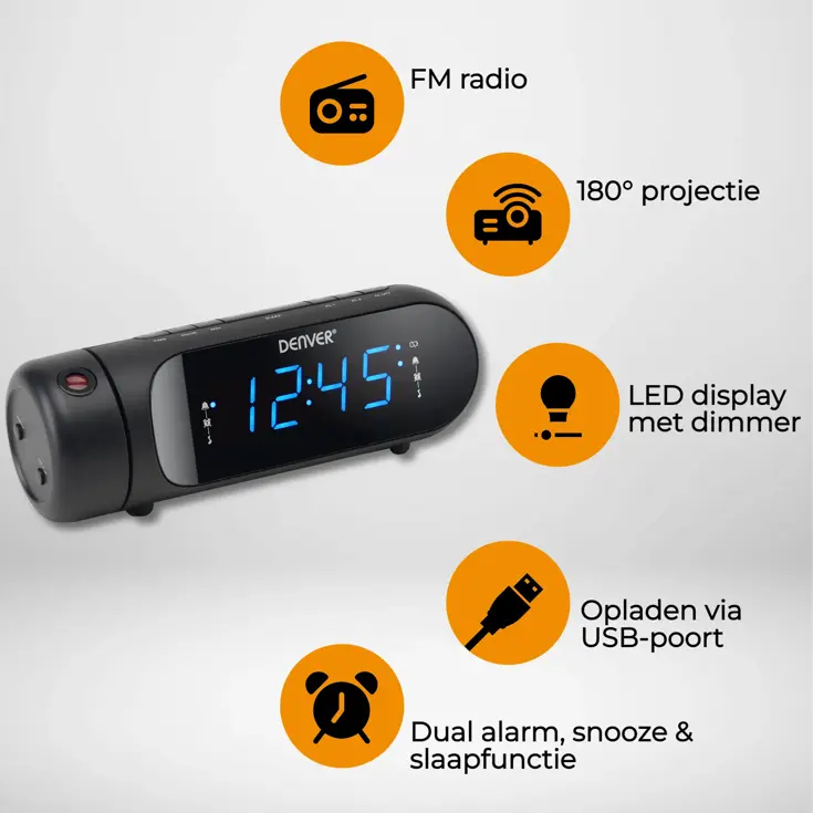 Wekker FM klokradio Projectie USB-A Output
