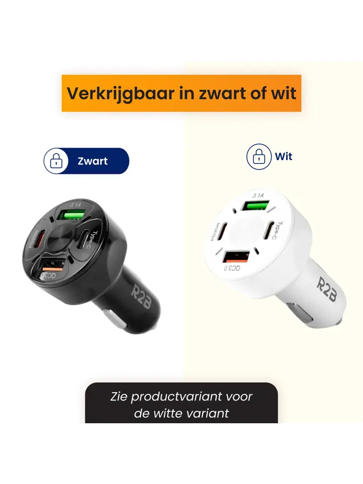 Autolader USB C & USB A, Snellader, Zwart